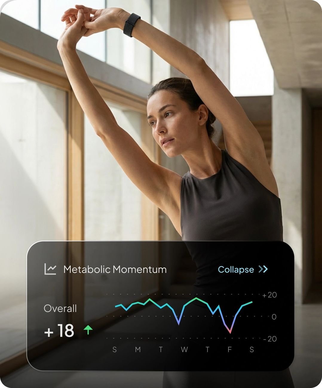 Woman stretching while wearing the Human Band — Metabolic Momentum graph on screen