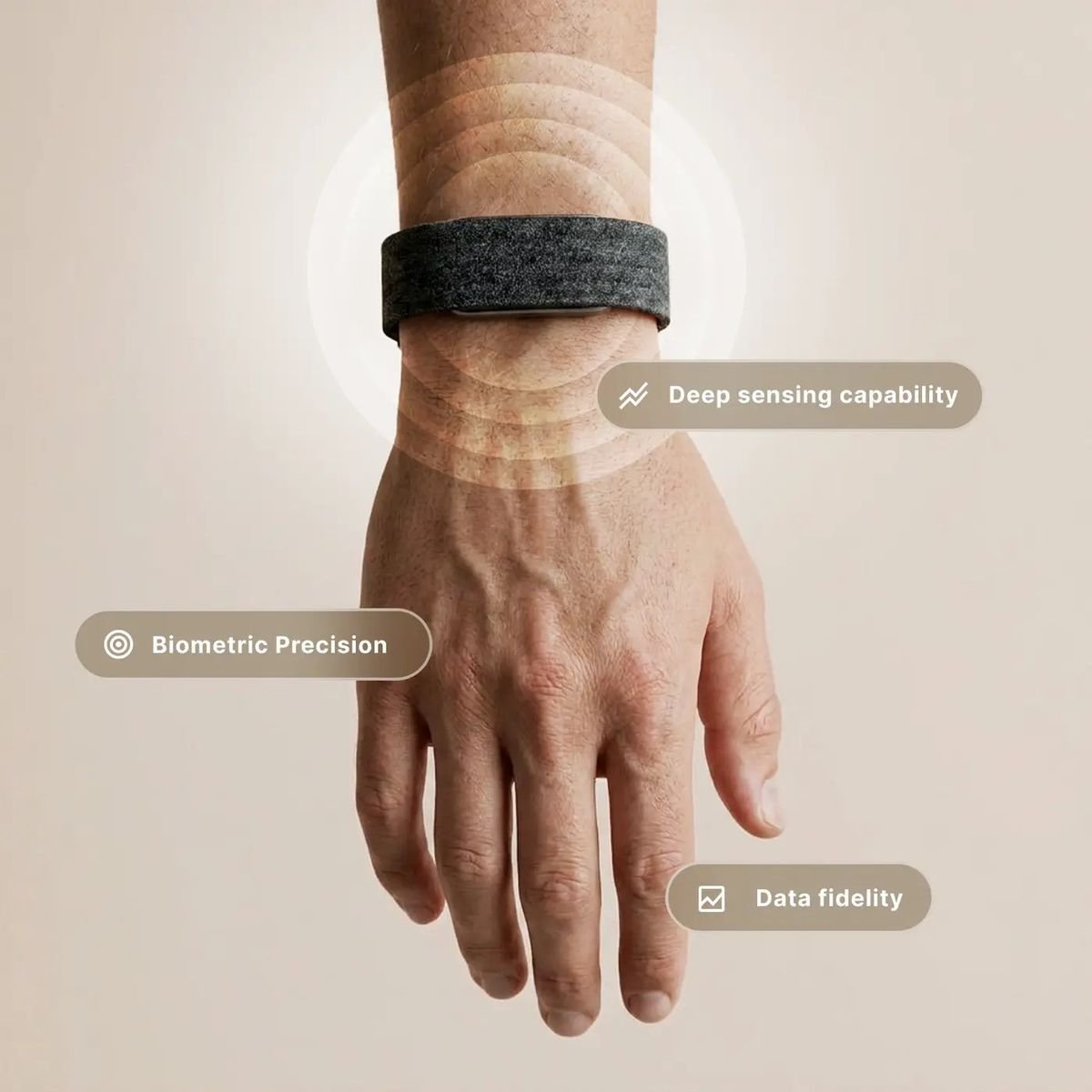 Close-up of the Human Band on the wrist highlighting biometric precision and sensing accuracy