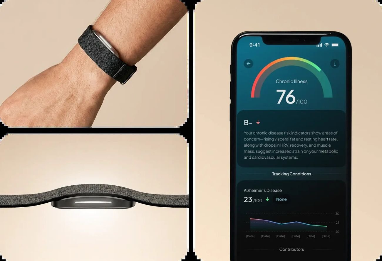 Human Band on the wrist next to a phone showing a chronic illness risk score in the app
