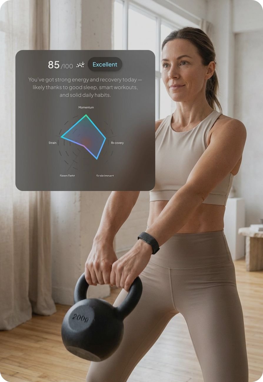 Woman exercising with a kettlebell while wearing the Human Band — Metabolic Capacity reading in app
